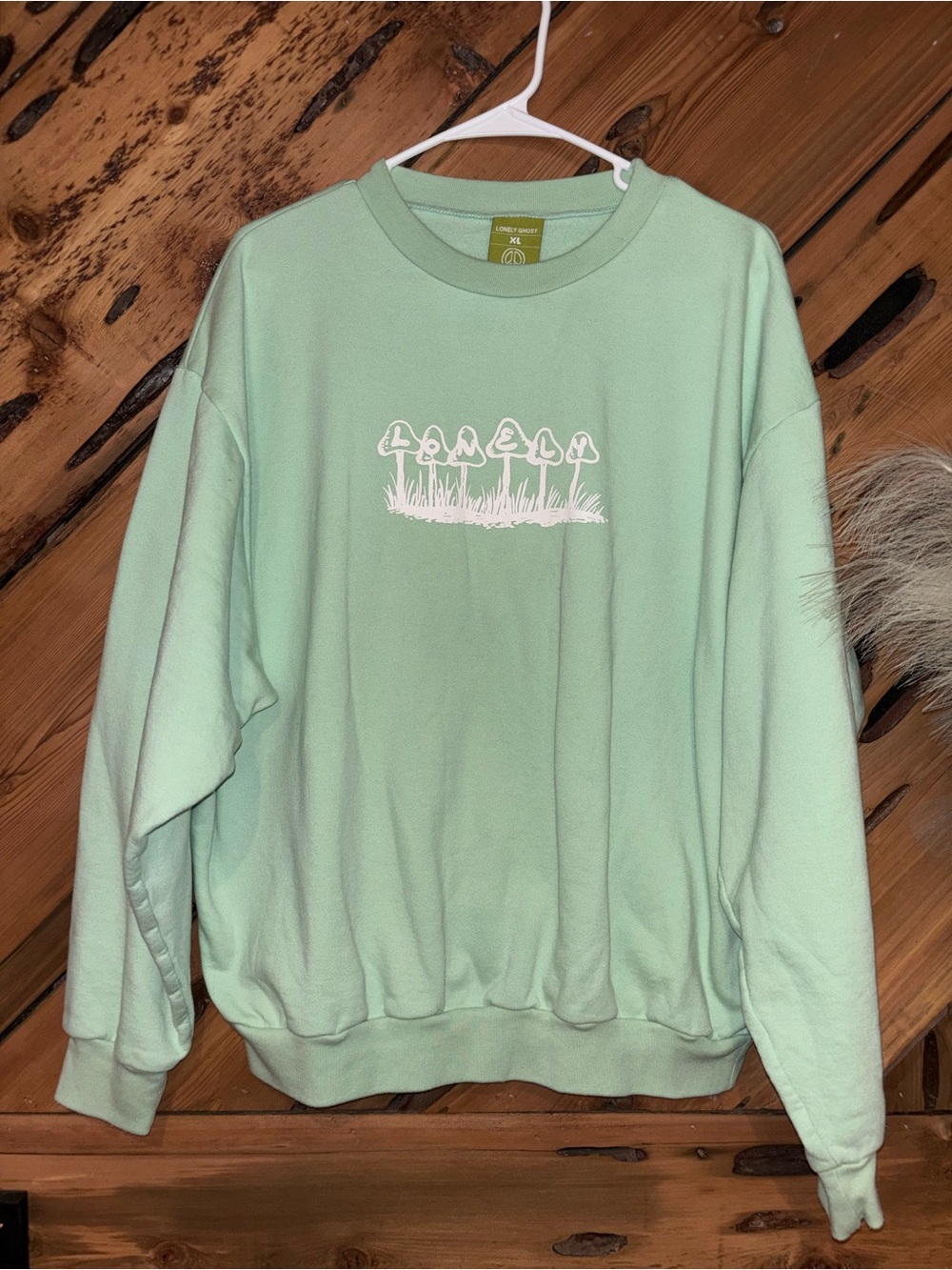 LONELY GHOST Mint Green Crewneck Sweater with White Mushroom Graphic